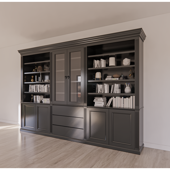 123kast  Boekenkast Amalfi  - 320x40x220H cm - verstelbare planken - vitrinedeuren - 4 push to open deuren - 3 greeploze lades