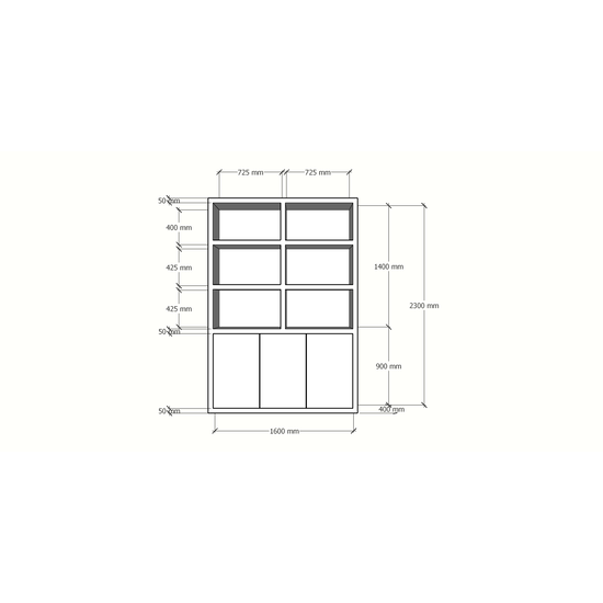 123kast  Vakkenkast Durham - 160x40x230H cm - 3 greeploze push to open deuren - open vakken - strak design - 5cm plank dikte - boekenkast