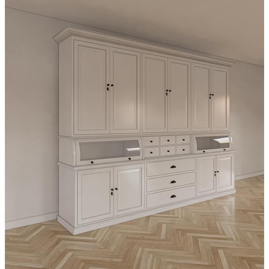 123kast  Buffetkast / Grutterskast Burano - 300x50x230H cm - 2 bolkleppen - dichte deuren in bovenkast - 9 lades