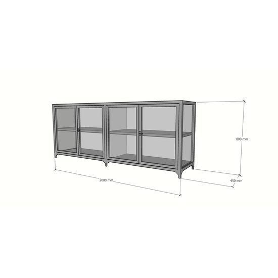 123kast  Dressoir/toonbank Belo - 200x45x80H cm - 4 scharnierdeuren - geheel van glas