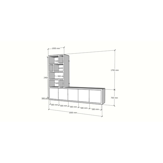 123kast  TV dressoir Lamego - 300x50x240H cm - 5 push to open deuren - vakkenkast