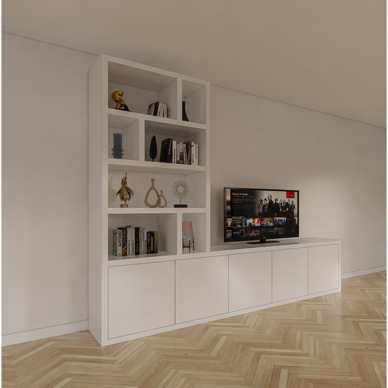 123kast  TV dressoir Lamego - 300x50x240H cm - 5 push to open deuren - vakkenkast