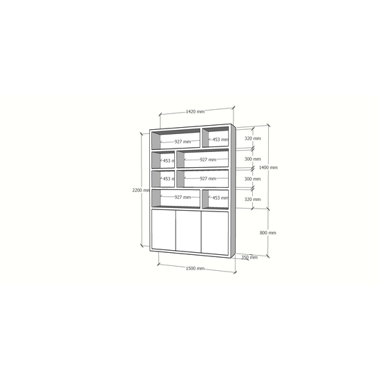 123kast  Vakkenkast Mendoza 03 - 150x35x220H cm - 3 push to open deuren - 8 open vakken