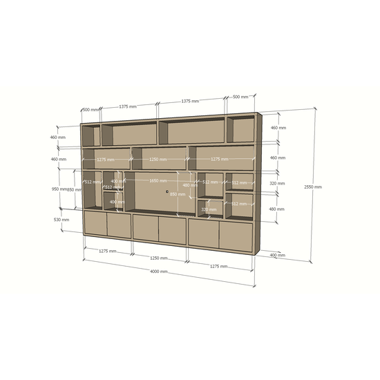 123kast  Tv vakkenkast Osaka - 400x40x255H cm - 15 open vakken - 6 push to open deurtjes - cinewall - tv vak - strak design - demontabel - 5cm plank dikte