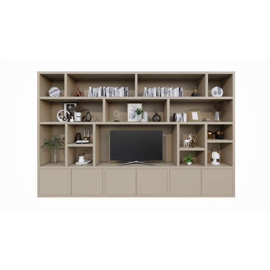 123kast  Tv vakkenkast Osaka - 400x40x255H cm - 15 open vakken - 6 push to open deurtjes - cinewall - tv vak - strak design - demontabel - 5cm plank dikte