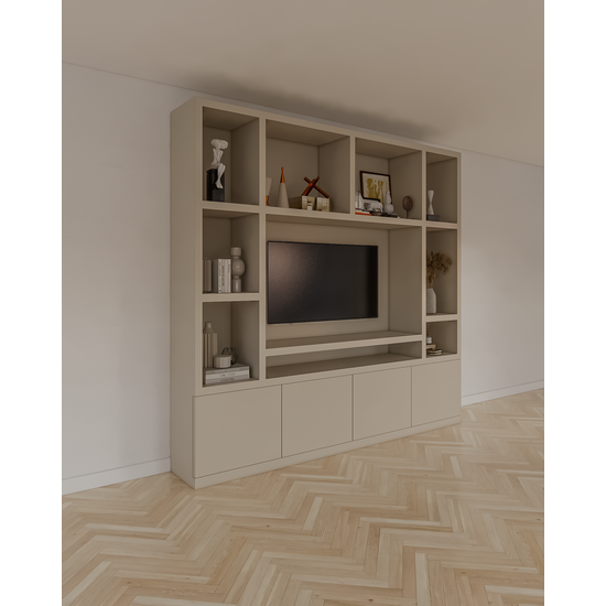 123kast  Tv vakkenkast Jose - 250x40x240H cm - 10 open vakken - 4 push to open deuren - 5cm plank dikte