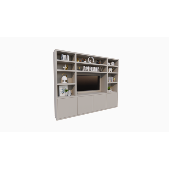 123kast  Tv vakkenkast Hong Kong - 300x40x240cm - 11 open vakken - 4 push to open deuren - 5cm plank dikte