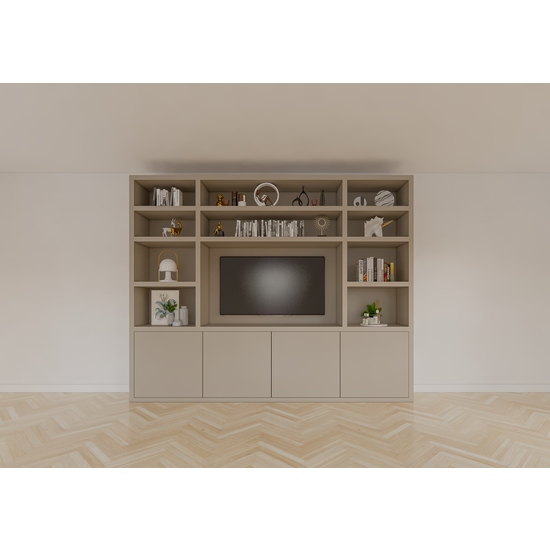 123kast  Tv vakkenkast Hong Kong - 300x40x240cm - 11 open vakken - 4 push to open deuren - 5cm plank dikte