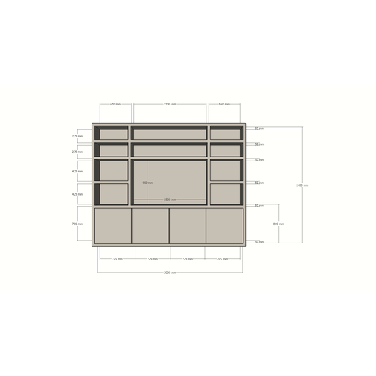 123kast  Tv vakkenkast Hong Kong - 300x40x240cm - 11 open vakken - 4 push to open deuren - 5cm plank dikte