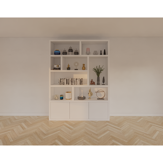 123kast  Vakkenkast Siesta - 180x35x240H cm - 3 push to open deurtjes - 8 open vakken - 5cm plank dikte