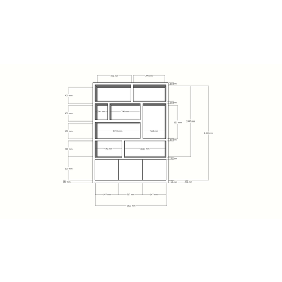 123kast  Vakkenkast Siesta - 180x35x240H cm - 3 push to open deurtjes - 8 open vakken - 5cm plank dikte