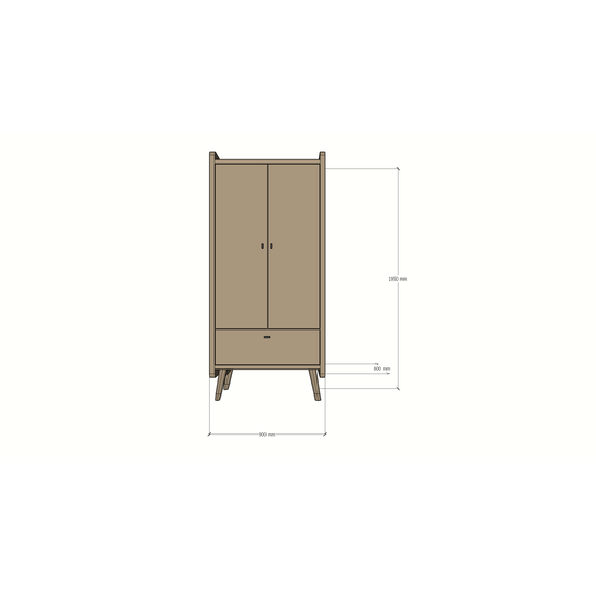 123kast  Kinderkledingkast Denok - 90x60x195H cm - op ronde pootjes - 2 scharnierdeuren - verstelbare planken en hang gedeelte - 1 soft close lade