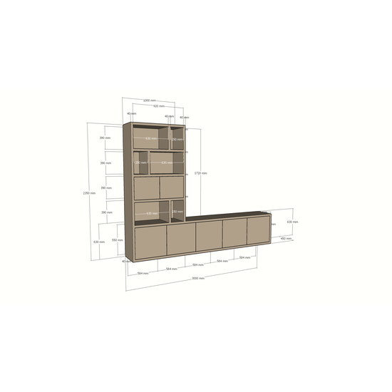 123kast  Tv vakkenkast Frankston - 300x45x235H cm - 7 deurtjes - 6 open vakken - 4cm plank dikte