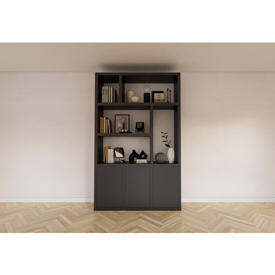 123kast  Vakkenkast/roomdivider Bergen - 150x40x240H cm - 5cm plank dikte - 3 push to open deuren - open achterwand