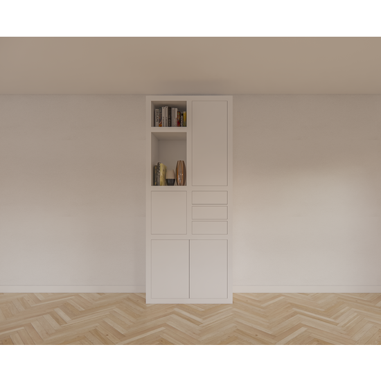 123kast  Vakkenkast Mafra 02 - 100x40x240H cm - 6cm plank dikte - dichte deuren in bovenkast - met 3 push to open lades