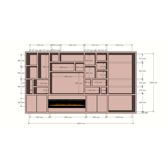 123kast  Cinewall Viterbo (evt. met openhaard)  - 460x40x255H cm - 5cm plank dikte - PRIJS OP AANVRAAG