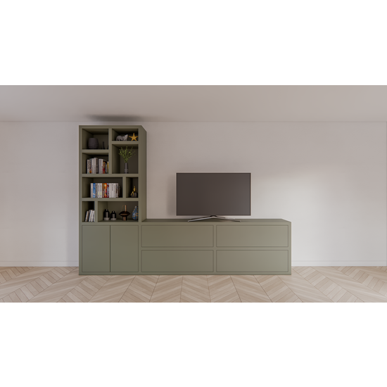 123kast  Tv vakkenkast/dressoir Burgos - 340x45x240H cm - push to open deuren - push to open lades - 5cm plank dikte