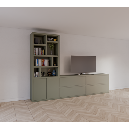 123kast  Tv vakkenkast/dressoir Burgos - 340x45x240H cm - push to open deuren - push to open lades - 5cm plank dikte