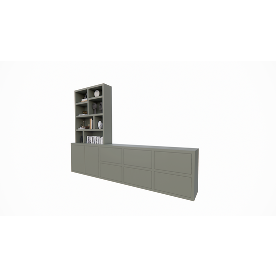 123kast  Tv dressoir/vakkenkast Genola - 340x45/30x240H cm - 5cm plank dikte -  6 push to open lades - 2 push to open deuren - open vakken
