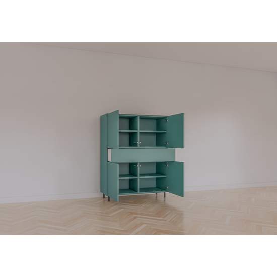 123kast  Vakkenkast/meidenkast Piana - 112x42x144H cm - op stalen zwarte poten - 1 push to open lade - 4 push to open deuren