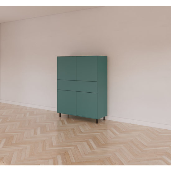 123kast  Vakkenkast/meidenkast Piana - 112x42x162H cm - op stalen zwarte poten - 1 push to open lade - 4 push to open deuren