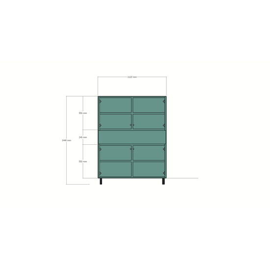 123kast  Vakkenkast/meidenkast Piana - 112x42x144H cm - op stalen zwarte poten - 1 push to open lade - 4 push to open deuren
