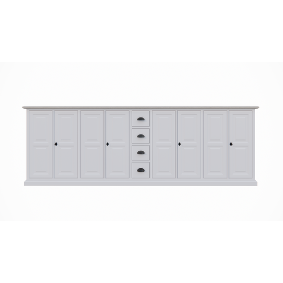 123kast  Dressoir Fernie - 260x50x90H cm - met eiken boven blad - 8 scharnier deurtjes - 4 lades