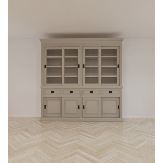 123kast  Buffetkast Bari - 240x50x240H cm - eiken middenlijst - eiken bovelijst - 4 vitrine schuifdeuren - 4 dichte schuifdeuren -4 soft close lades