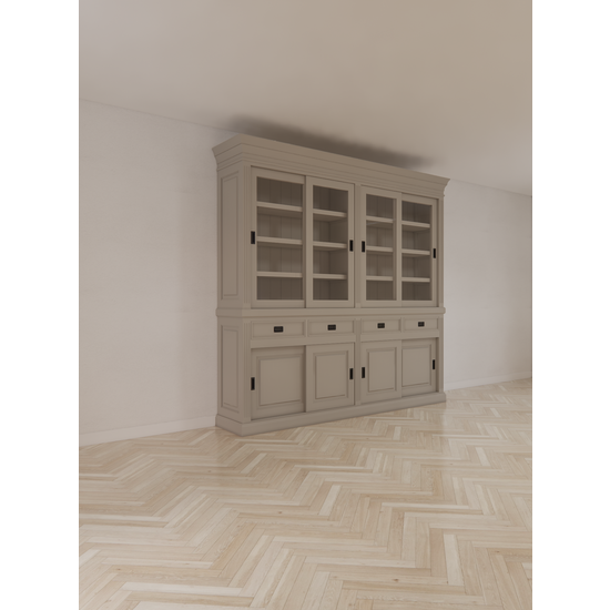 123kast  Buffetkast Bari - 240x50x240H cm - eiken middenlijst - eiken bovelijst - 4 vitrine schuifdeuren - 4 dichte schuifdeuren -4 soft close lades