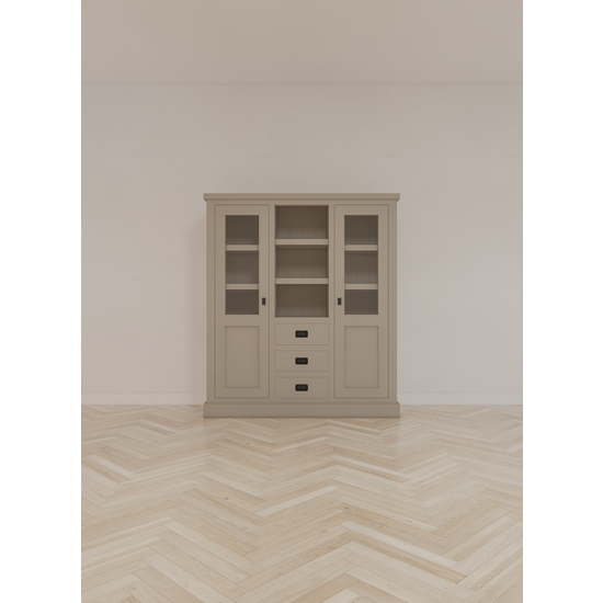 123kast  Buffetkast Barletta - 140x48x160H cm - meidenkast - 2 vitrine deuren - open midden ruimte - 3 soft close lades