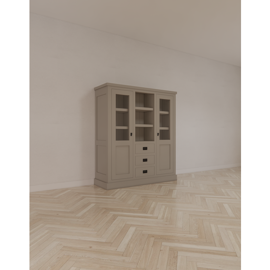 123kast  Buffetkast Barletta - 140x48x160H cm - meidenkast - 2 vitrine deuren - open midden ruimte - 3 soft close lades