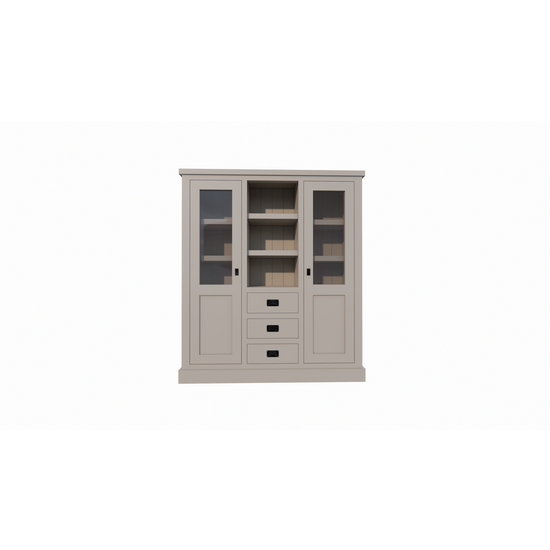 123kast  Buffetkast Barletta - 140x48x160H cm - meidenkast - 2 vitrine deuren - open midden ruimte - 3 soft close lades