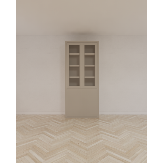 123kast  Vitrinekast Latina - 100x42x230H cm - 2 greeploze vitrinedeuren - 2 greeploze dichte deuren - strak design - vaste planken