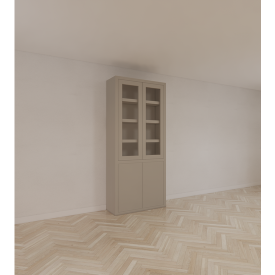 123kast  Vitrinekast Latina - 100x42x230H cm - 2 greeploze vitrinedeuren - 2 greeploze dichte deuren - strak design - vaste planken