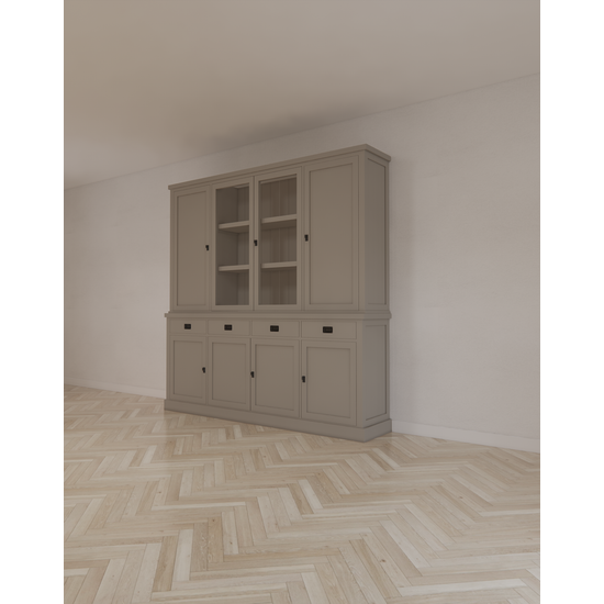 123kast  Buffetkast Vancouver - 220x45x220H cm - 2 dichte deuren in bovenkast - 2 vitrine deuren - 4 soft close lades - 4 dichte deuren in onderkast