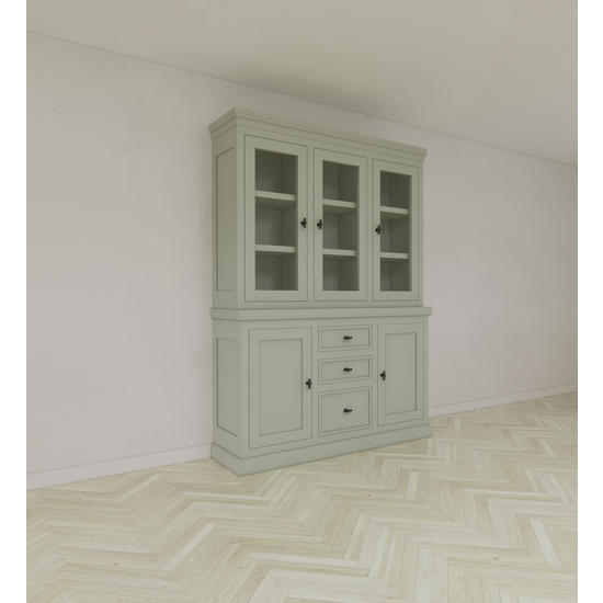 123kast  Buffetkast Foggia 03 - 160x48x225H cm - 3 vitrinedeuren - 3 soft close lades - 2 dichte deuren - landelijke/klassieke sierlijst