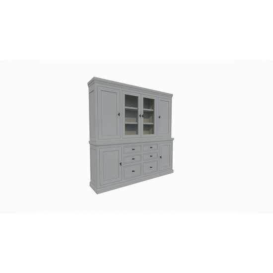 123kast  Buffetkast Foggia 05- 225x48x225H cm - 2 dichte deuren in de bovenkast - 2 vitrine deuren - 4 dichte deuren in onderkast - 6 soft close lades - landelijke/klassieke sierlijst