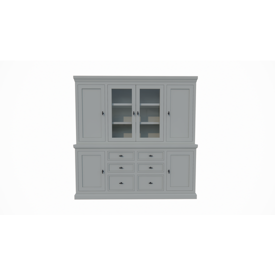 123kast  Buffetkast Foggia 05- 225x48x225H cm - 2 dichte deuren in de bovenkast - 2 vitrine deuren - 4 dichte deuren in onderkast - 6 soft close lades - landelijke/klassieke sierlijst