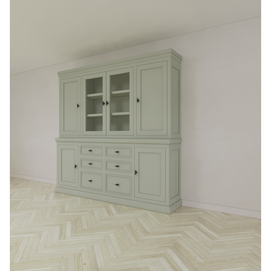 123kast  Buffetkast Foggia 05- 225x48x225H cm - 2 dichte deuren in de bovenkast - 2 vitrine deuren - 4 dichte deuren in onderkast - 6 soft close lades - landelijke/klassieke sierlijst