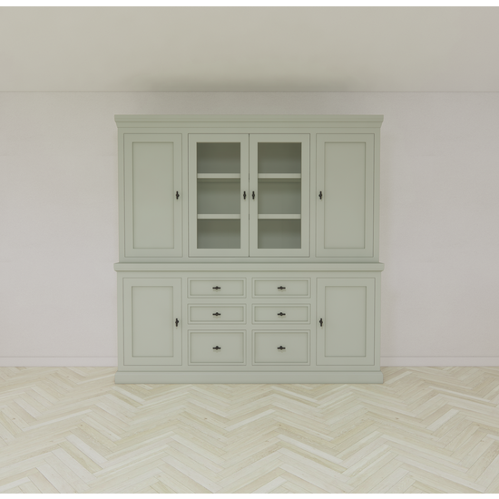 123kast  Buffetkast Foggia 05- 225x48x225H cm - 2 dichte deuren in de bovenkast - 2 vitrine deuren - 4 dichte deuren in onderkast - 6 soft close lades - landelijke/klassieke sierlijst