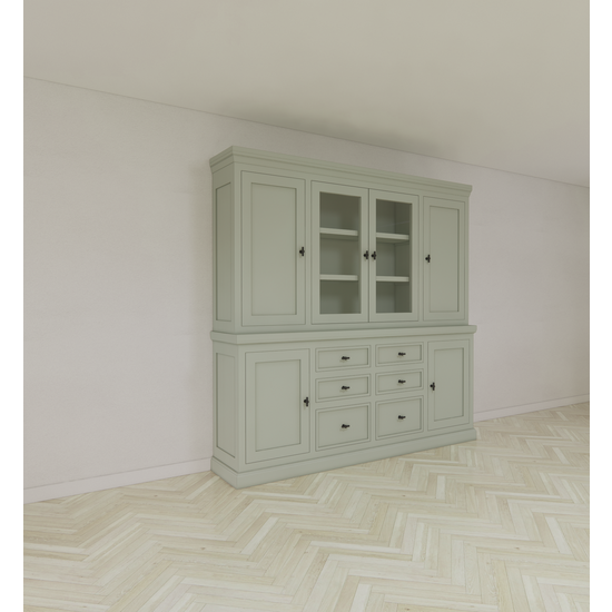 123kast  Buffetkast Foggia 05- 225x48x225H cm - 2 dichte deuren in de bovenkast - 2 vitrine deuren - 4 dichte deuren in onderkast - 6 soft close lades - landelijke/klassieke sierlijst