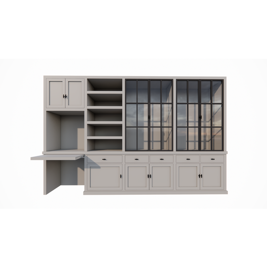 123kast  Bureau buffetkast Kansas - 340x50x220H cm - met stalen deuren - bureau vak met uitschuif plank - open boekenkast gedeelte