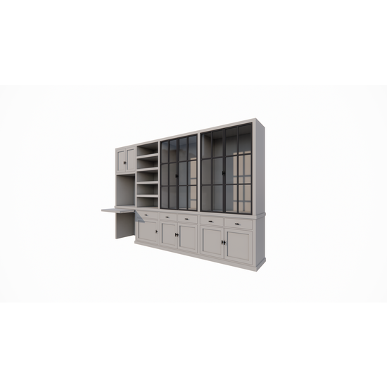 123kast  Bureau buffetkast Kansas - 340x50x220H cm - met stalen deuren - bureau vak met uitschuif plank - open boekenkast gedeelte