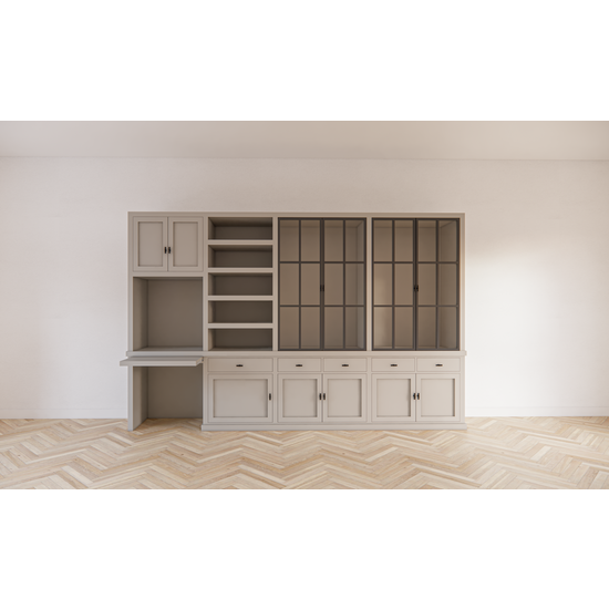 123kast  Bureau buffetkast Kansas - 340x50x220H cm - met stalen deuren - bureau vak met uitschuif plank - open boekenkast gedeelte