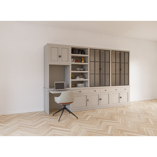 123kast  Bureau buffetkast Kansas - 340x50x220H cm - met stalen deuren - bureau vak met uitschuif plank - open boekenkast gedeelte