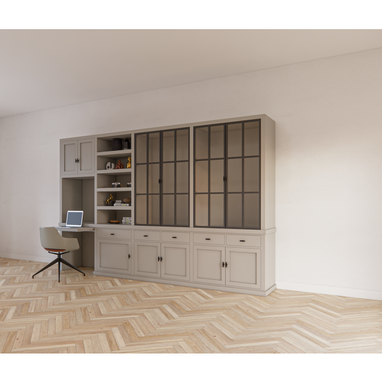 123kast  Bureau buffetkast Kansas - 340x50x220H cm - met stalen deuren - bureau vak met uitschuif plank - open boekenkast gedeelte