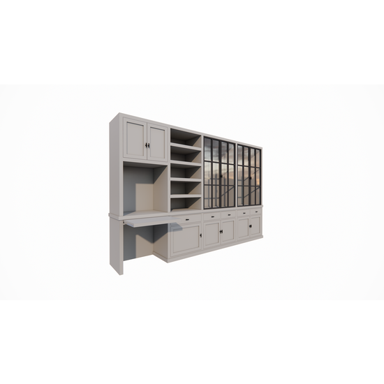 123kast  Bureau buffetkast Kansas - 340x50x220H cm - met stalen deuren - bureau vak met uitschuif plank - open boekenkast gedeelte