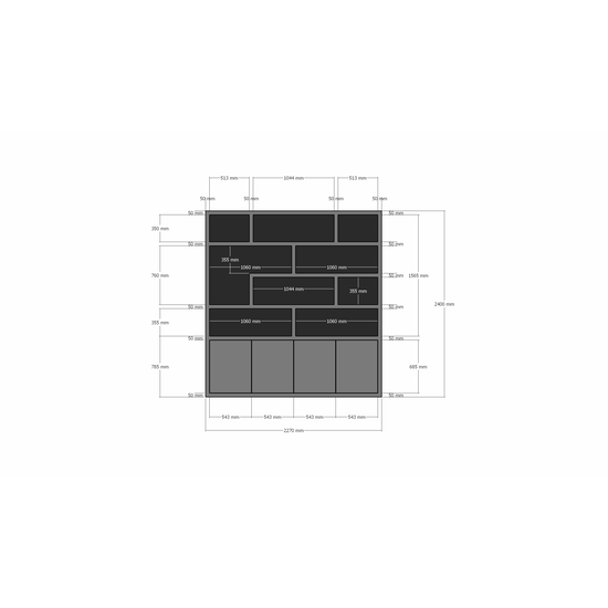 123kast  Vakkenkast Yukon - 227x50x240H cm - 5cm plank dikte - strak design - open vakken - push to open deuren
