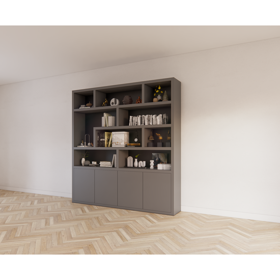 123kast  Vakkenkast Yukon - 227x50x240H cm - 5cm plank dikte - strak design - open vakken - push to open deuren