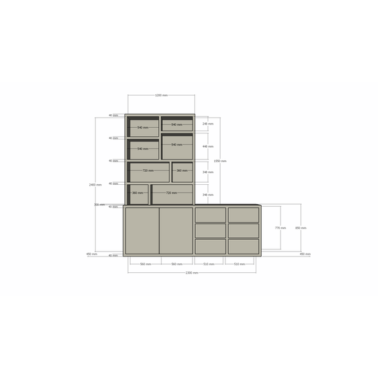 123kast  Vakkenkast/dressoir Albi - 230x30/45x240H cm - push to open lades en deuren - 4cm plank dikte